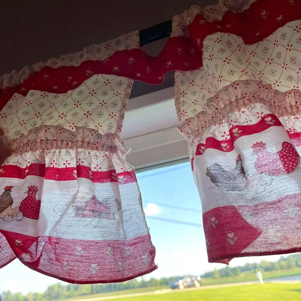 Vintage Chicken Hen Country Kitchen Swag Curtains 2 Panel Set Red White